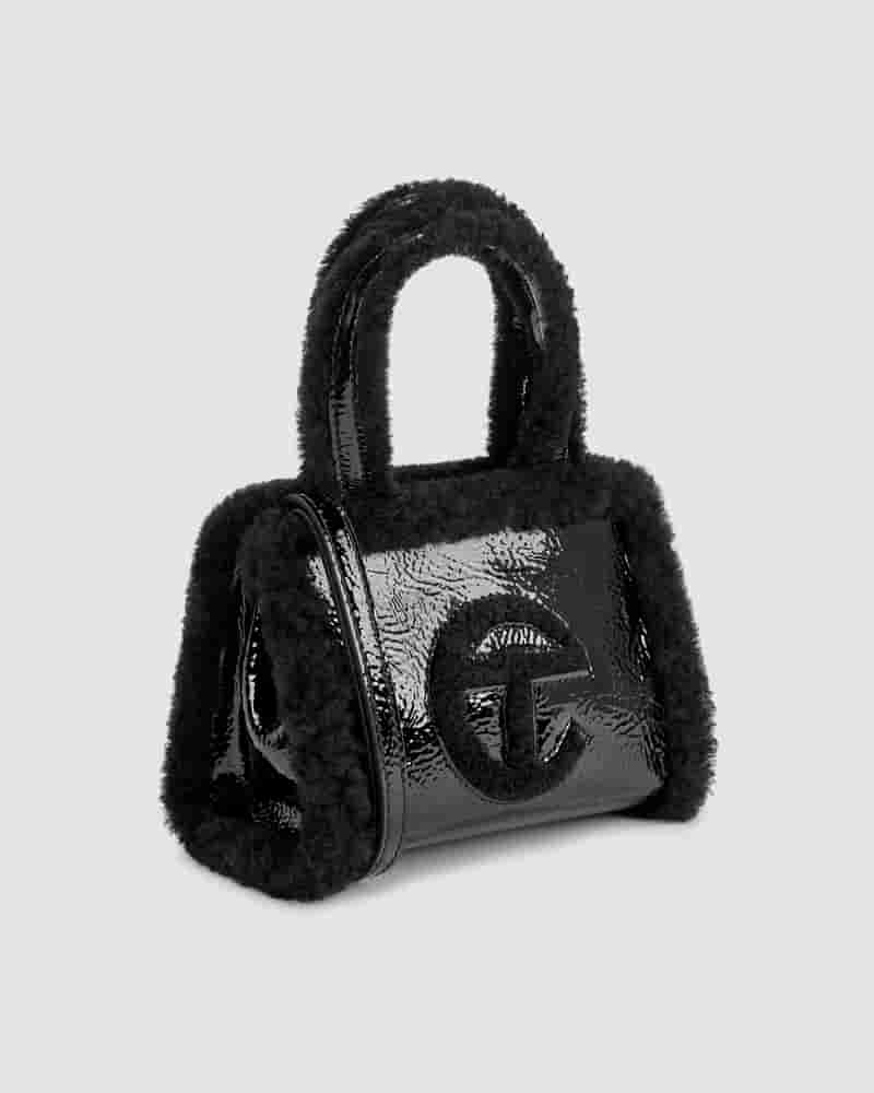 UGG Telfer Medium Shopper Crinkle Patent Leather Sheepskin 2way Shoulder Tote Bag 1155851 black